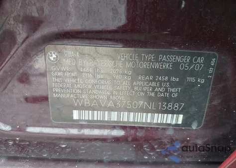 2007 BMW 328I from USA, damaged, VIN WBAVA37507NL13887